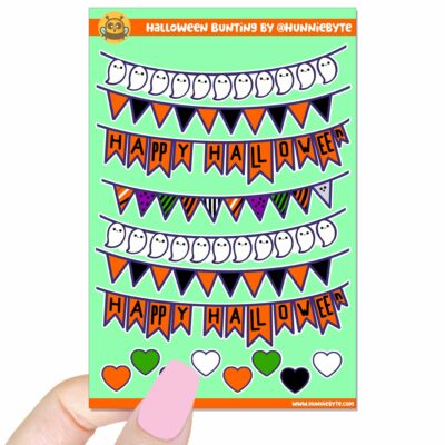 This image shows an adorable hand-drawn sticker sheet, Halloween Bunting Sticker Sheet, which is available to purchase from HunnieByte.com