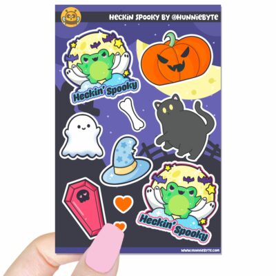 This image shows an adorable hand-drawn sticker sheet, Heckin Spooky Sticker Sheet, which is available to purchase from HunnieByte.com