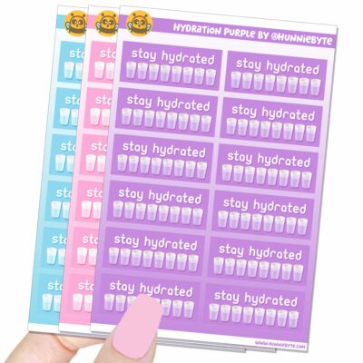 This image shows an adorable hand-drawn sticker sheet, Hydration Sticker Sheets, which is available to purchase from HunnieByte.com