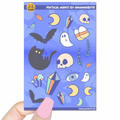 This image shows an adorable hand-drawn sticker sheet, Mystical Nights Sticker Sheets, which is available to purchase from HunnieByte.com