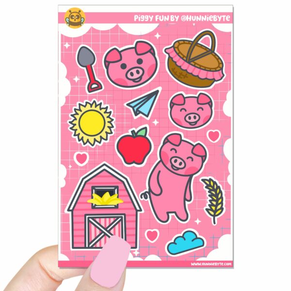 This image shows an adorable hand-drawn sticker sheet, Piggy Fun Sticker Sheets, which is available to purchase from HunnieByte.com