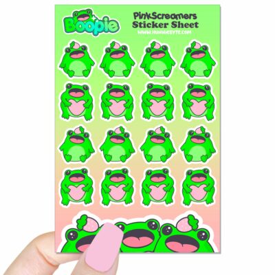 This image shows an adorable hand-drawn sticker sheet, Boopie Pink Screamer Sticker Sheet, which is available to purchase from HunnieByte.com