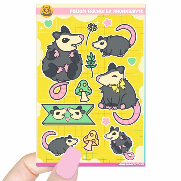 This image shows an adorable hand-drawn sticker sheet, Possum Friends Sticker Sheet, which is available to purchase from HunnieByte.com