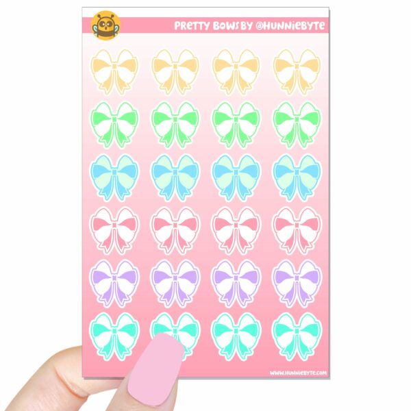 This image shows an adorable hand-drawn sticker sheet, Pretty Bows Sticker Sheet, which is available to purchase from HunnieByte.com