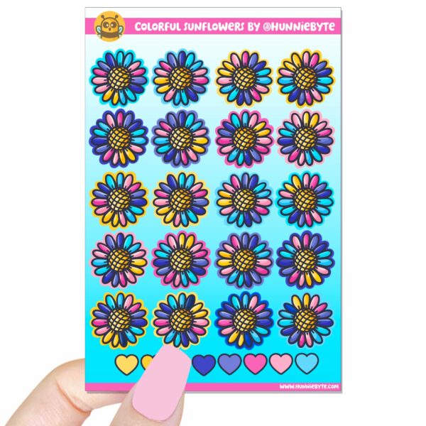 This image shows an adorable hand-drawn sticker sheet, Colorful Sunflowers Sticker Sheet, which is available to purchase from HunnieByte.com