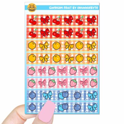 This image shows an adorable hand-drawn sticker sheet, Gingham Fruit Sticker Sheet, which is available to purchase from HunnieByte.com