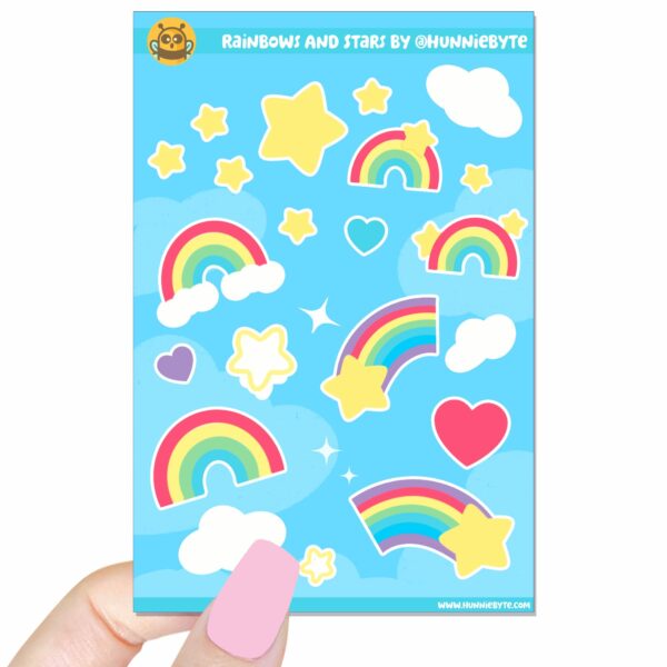 This image shows an adorable hand-drawn sticker sheet, Rainbows and Stars Sticker Sheet, which is available to purchase from HunnieByte.com