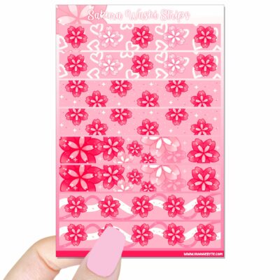 This image shows an adorable hand-drawn sticker sheet, Sakura Washi Strips Sticker Sheet, which is available to purchase from HunnieByte.com