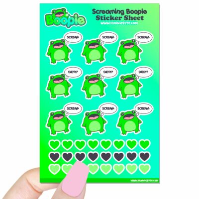 This image shows an adorable hand-drawn sticker sheet, Boopie Screaming Boopie Sticker Sheet, which is available to purchase from HunnieByte.com