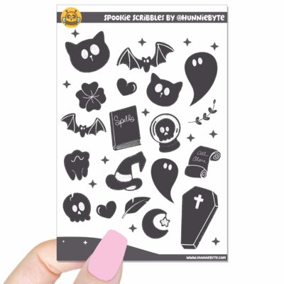 This image shows an adorable hand-drawn sticker sheet, Spookie Scribbles Sticker Sheet, which is available to purchase from HunnieByte.com