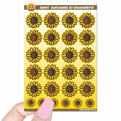 This image shows an adorable hand-drawn sticker sheet, Sweet Sunflowers Sticker Sheet, which is available to purchase from HunnieByte.com