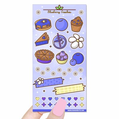 This image shows an adorable hand-drawn sticker sheet, Blueberry Goodies Sticker Sheet, which is available to purchase from HunnieByte.com