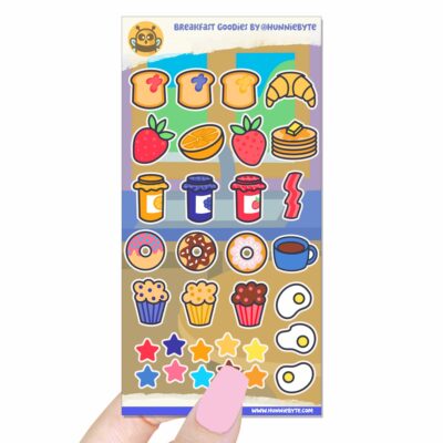 This image shows an adorable hand-drawn sticker sheet, Breakfast Goodies Sticker Sheet, which is available to purchase from HunnieByte.com