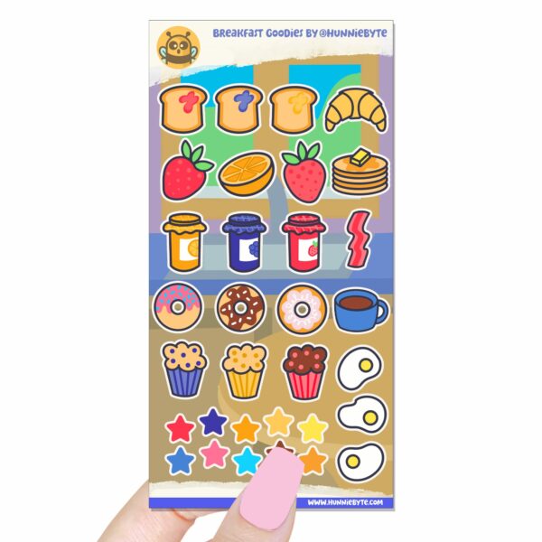 This image shows an adorable hand-drawn sticker sheet, Breakfast Goodies Sticker Sheet, which is available to purchase from HunnieByte.com