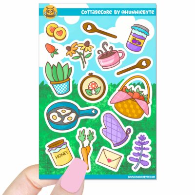 This image shows an adorable hand-drawn sticker sheet, Cottagecore Sticker Sheet, which is available to purchase from HunnieByte.com