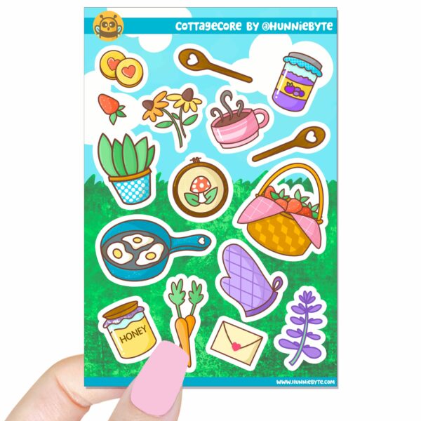 This image shows an adorable hand-drawn sticker sheet, Cottagecore Sticker Sheet, which is available to purchase from HunnieByte.com