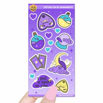 This image shows an adorable hand-drawn sticker sheet, Mystical Fun Sticker Sheet, which is available to purchase from HunnieByte.com