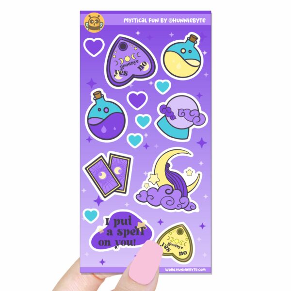 This image shows an adorable hand-drawn sticker sheet, Mystical Fun Sticker Sheet, which is available to purchase from HunnieByte.com