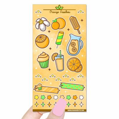 This image shows an adorable hand-drawn sticker sheet, Orange Goodies Sticker Sheet, which is available to purchase from HunnieByte.com