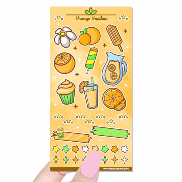 This image shows an adorable hand-drawn sticker sheet, Orange Goodies Sticker Sheet, which is available to purchase from HunnieByte.com