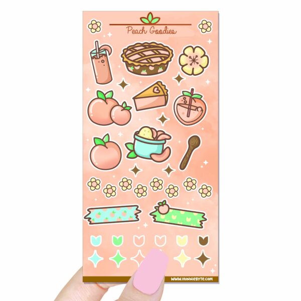 This image shows an adorable hand-drawn sticker sheet, Peach Goodies Sticker Sheet, which is available to purchase from HunnieByte.com