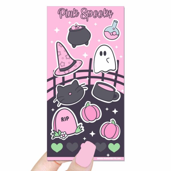 This image shows an adorable hand-drawn sticker sheet, Pink Spooks Sticker Sheet, which is available to purchase from HunnieByte.com