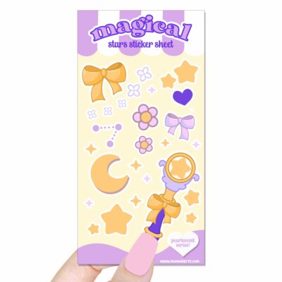 This image shows an adorable hand-drawn sticker sheet, Magical Stars Sticker Sheet, which is available to purchase from HunnieByte.com