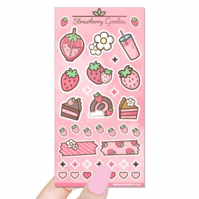 This image shows an adorable hand-drawn sticker sheet, Strawberry Goodies Sticker Sheet, which is available to purchase from HunnieByte.com