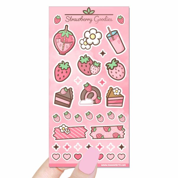 This image shows an adorable hand-drawn sticker sheet, Strawberry Goodies Sticker Sheet, which is available to purchase from HunnieByte.com