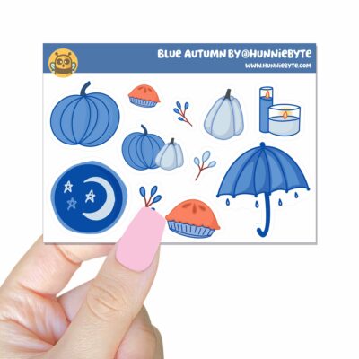 This image shows an adorable hand-drawn mini sticker sheet, Blue Autumn Mini Sticker Sheet, which is available to purchase from HunnieByte.com