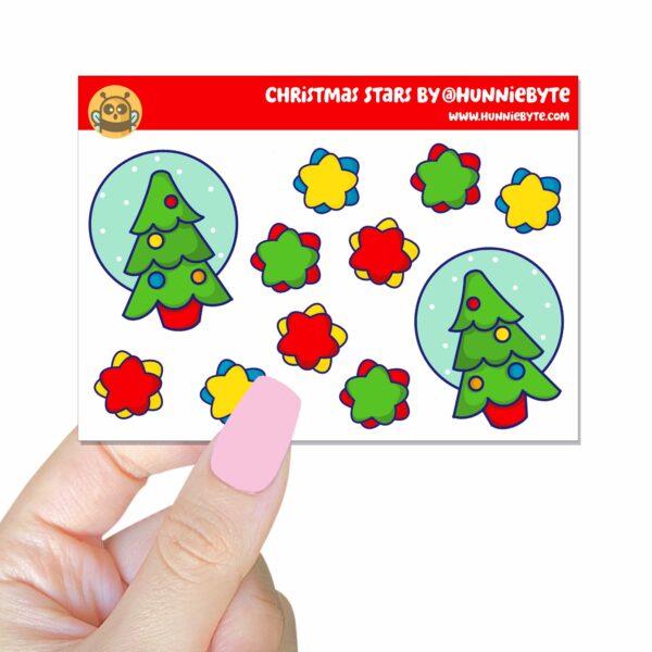 This image shows an adorable hand-drawn mini sticker sheet, Christmas Stars Mini Sticker Sheet, which is available to purchase from HunnieByte.com