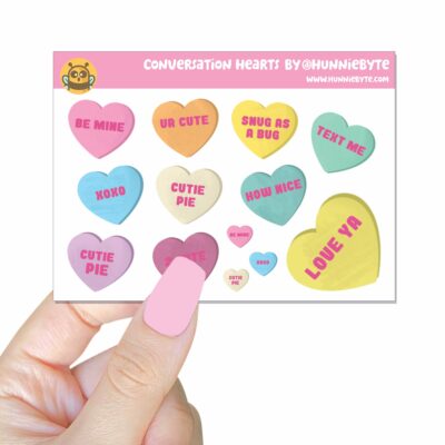 This image shows an adorable hand-drawn mini sticker sheet, Conversation Hearts Mini Sticker Sheet, which is available to purchase from HunnieByte.com