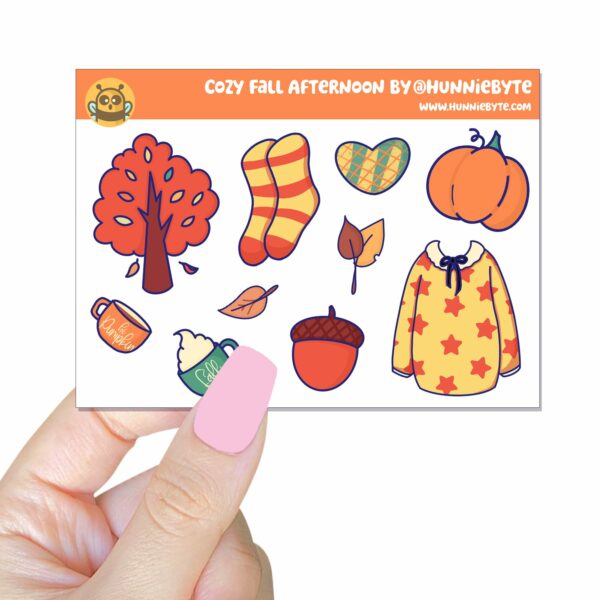 This image shows an adorable hand-drawn mini sticker sheet, Cozy Fall Afternoon Mini Sticker Sheet, which is available to purchase from HunnieByte.com