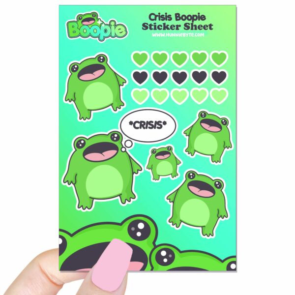 This image shows an adorable hand-drawn sticker sheet, Boopie Crisis Sticker Sheet, which is available to purchase from HunnieByte.com