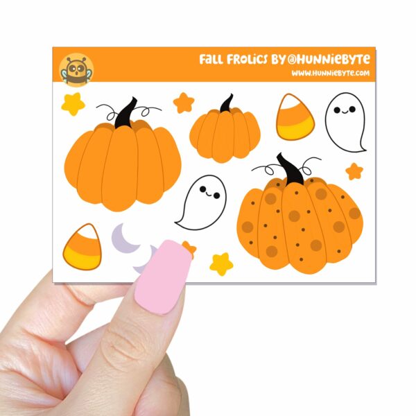 This image shows an adorable hand-drawn mini sticker sheet, Fall Frolics Mini Sticker Sheet, which is available to purchase from HunnieByte.com