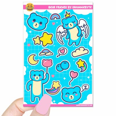 This image shows an adorable hand-drawn sticker sheet, Bear Friends Sticker Sheet, which is available to purchase from HunnieByte.com