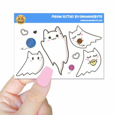 This image shows an adorable hand-drawn mini sticker sheet, Meow Kitties Mini Sticker Sheet, which is available to purchase from HunnieByte.com