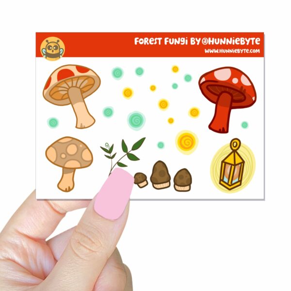 This image shows an adorable hand-drawn mini sticker sheet, Forest Fungi Mini Sticker Sheet, which is available to purchase from HunnieByte.com