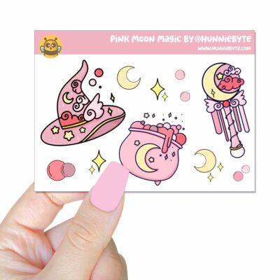 This image shows an adorable hand-drawn mini sticker sheet, Pink Moon Magic Mini Sticker Sheet, which is available to purchase from HunnieByte.com