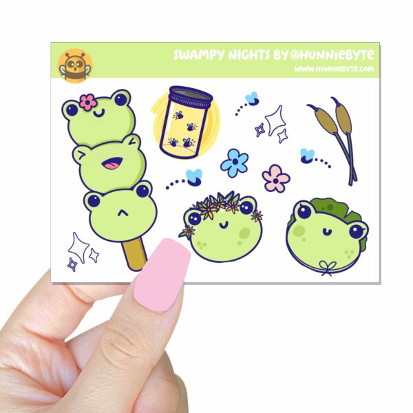 This image shows an adorable hand-drawn mini sticker sheet, Swampy Nights Mini Sticker Sheet, which is available to purchase from HunnieByte.com