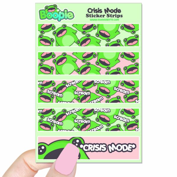 This image shows an adorable hand-drawn sticker sheet, Boopie Crisis Mode Sticker Sheet, which is available to purchase from HunnieByte.com