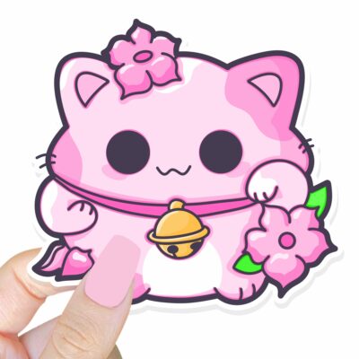 This image shows an hand-drawn adorable sticker, Pink Lotus Lucky Cat Sticker, which is available to purchase from HunnieByte.com