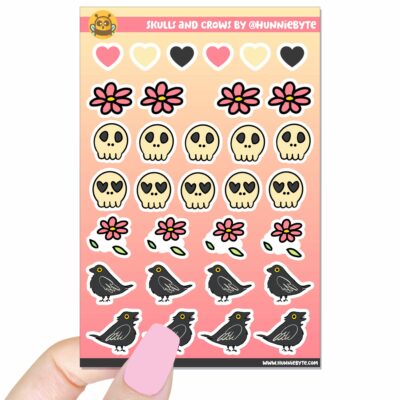 This image shows an adorable hand-drawn sticker sheet, Crow and Skulls Sticker Sheet, which is available to purchase from HunnieByte.com