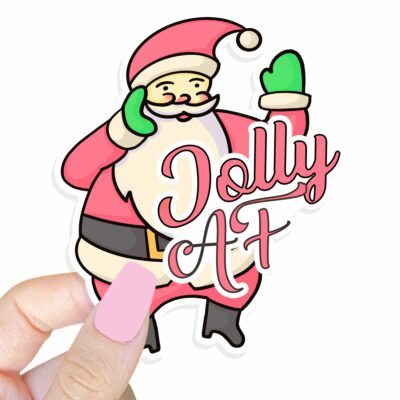 This image shows an adorable hand-drawn sticker, Jolly AF Santa Sticker, which is available to purchase from HunnieByte.com