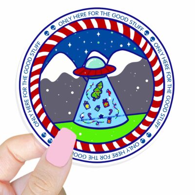 This image shows an adorable hand-drawn sticker, UFO Good Stuff Xmas Sticker, which is available to purchase from HunnieByte.com