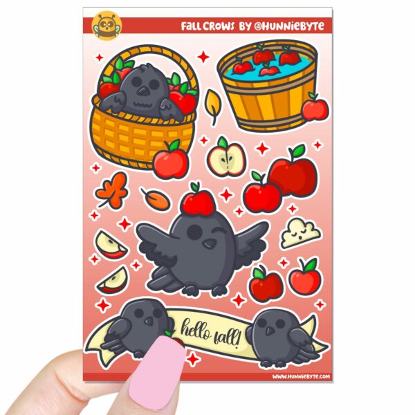 This image shows an adorable hand-drawn sticker sheet, Fall Crows Sticker Sheet, which is available to purchase from HunnieByte.com