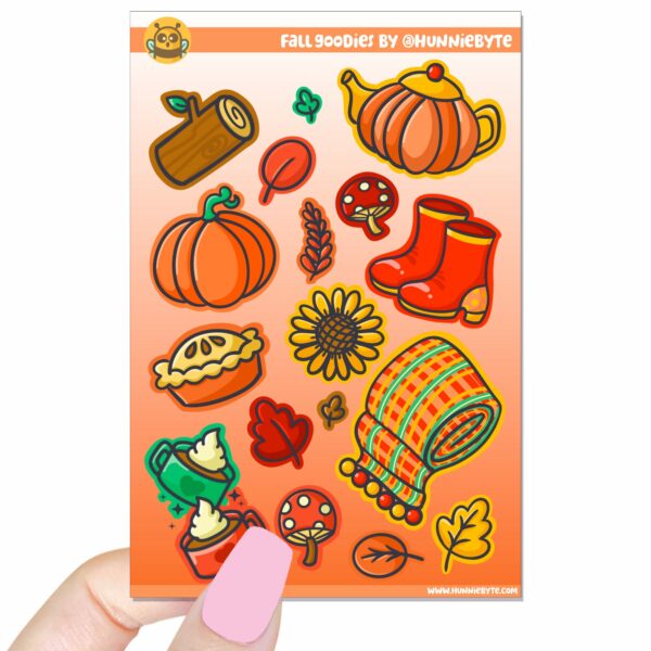 This image shows an adorable hand-drawn sticker sheet, Fall Goodies Sticker Sheet, which is available to purchase from HunnieByte.com