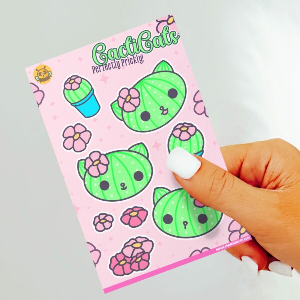 This image shows an adorable hand-drawn sticker sheet, Cacticats Sticker Sheet, which is available to purchase from HunnieByte.com