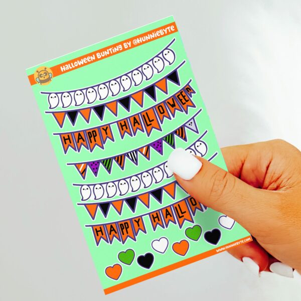 This image shows an adorable hand-drawn sticker sheet, Halloween Bunting Sticker Sheet, which is available to purchase from HunnieByte.com