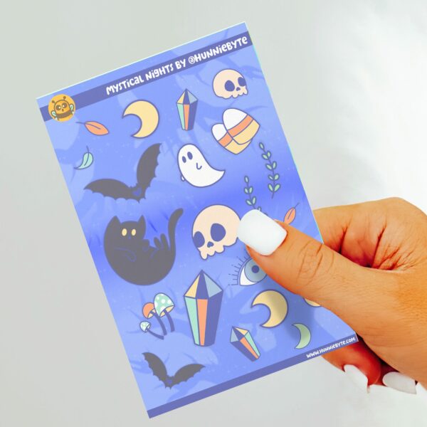 This image shows an adorable hand-drawn sticker sheet, Mystical Nights Sticker Sheets, which is available to purchase from HunnieByte.com